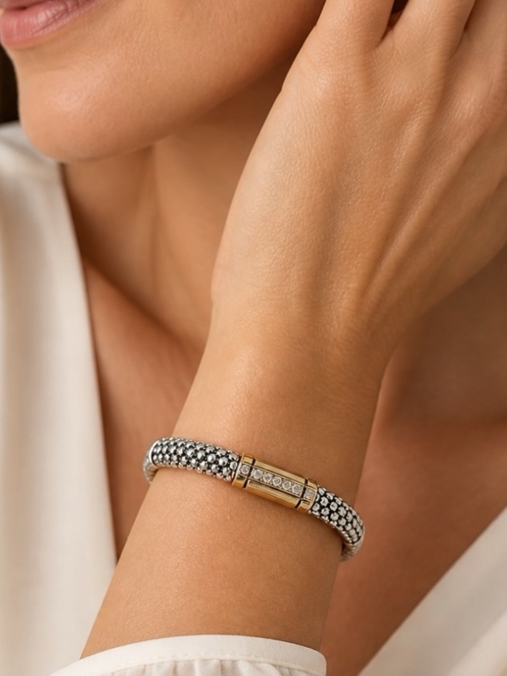 Two-Tone Silver & Gold Stretch Bangle Bracelet with Rhinestone Accents - Picture 8 of 8